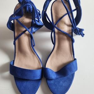 Allegra K Woman Open Toe Shoes Blue High Chunky Heel Ankle Strap Sandals Size 10
